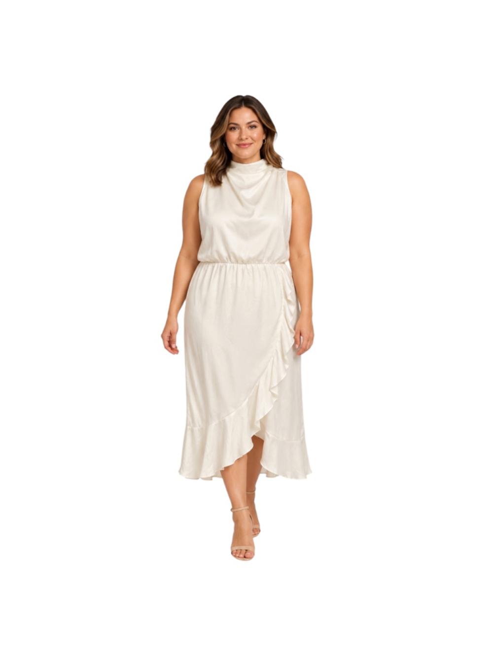 KIRUNDO Ivory Satin Draped Neck Ruffle Midi Dress XL NWT